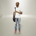 Man Wearing White Polo Shirt Blue Jeans Red Shoes Carrying Backpack Against Gray Background
