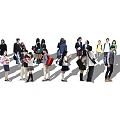 Groups of Young Students Wearing Different Outfits Carrying Backpacks in Campus Scenes