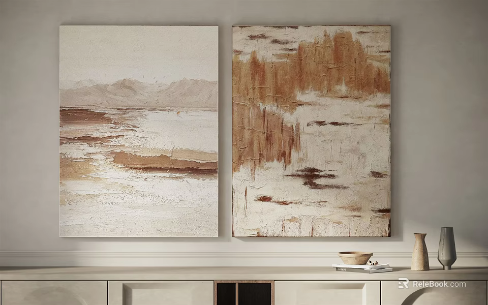 Two Abstract Paintings In Neutral Tones Hanging On Wall Above Cabinet With Bowl And Vases 3d model 
