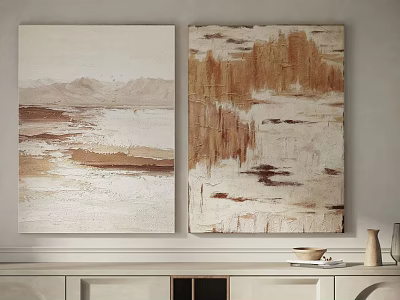 Two Abstract Paintings In Neutral Tones Hanging On Wall Above Cabinet With Bowl And Vases 3d model