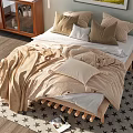 Cozy Modern Double Bed Setup With Soft Pillows Blankets Wooden Dresser And Side Table