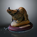 Detailed Triceratops Dinosaur Sculpture With Red Wooden Base And Textured Surface