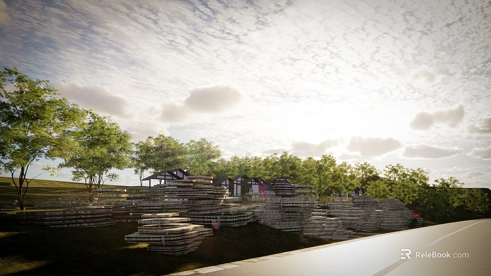 Scenic Post Station Surrounded By Green Trees And Wooden Structures Under Cloudy Sky 3d model 