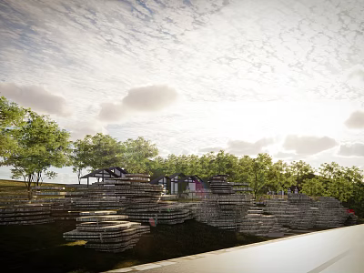 Scenic Post Station Surrounded By Green Trees And Wooden Structures Under Cloudy Sky 3d model