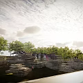 Scenic Post Station Surrounded By Green Trees And Wooden Structures Under Cloudy Sky