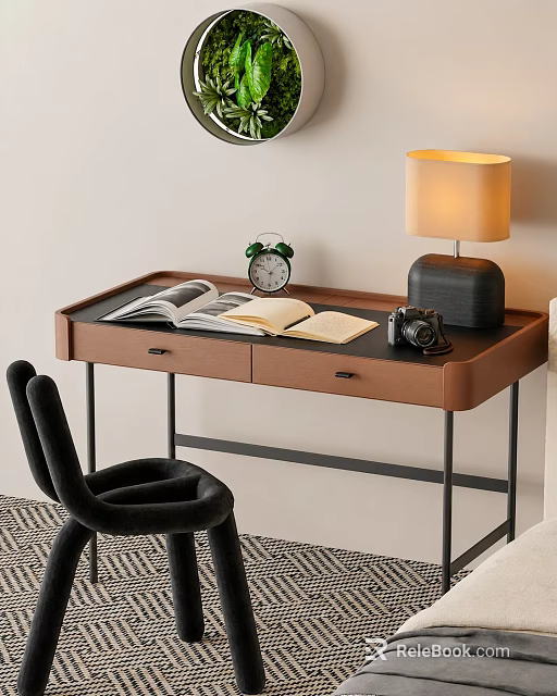 Stylish Retro Wooden Storage Desk Paired With Unique Black Velvet Chair For Cozy Home Workspace 3d model 