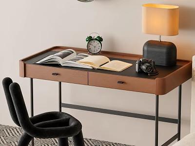 Stylish Retro Wooden Storage Desk Paired With Unique Black Velvet Chair For Cozy Home Workspace 3d model