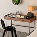 Stylish Retro Wooden Storage Desk Paired With Unique Black Velvet Chair For Cozy Home Workspace