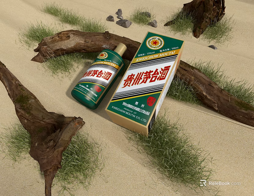 Guizhou Moutai Liquor Bottle And Box On Sandy Ground With Driftwood And Grass Clumps 3d model 