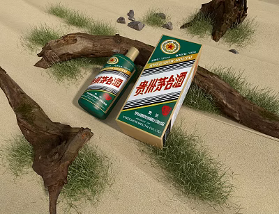 Guizhou Moutai Liquor Bottle And Box On Sandy Ground With Driftwood And Grass Clumps 3d model