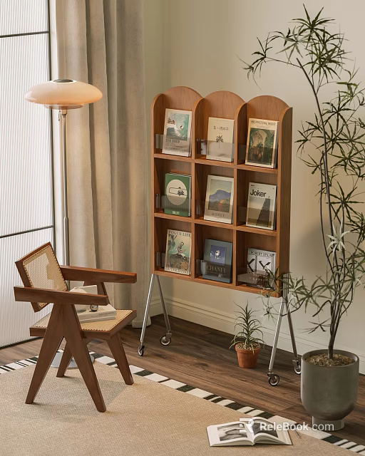 Wooden Bookcase With Shelves Books Decorative Items Chair Floor Lamp And Plants 3d model 