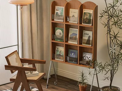 Wooden Bookcase With Shelves Books Decorative Items Chair Floor Lamp And Plants 3d model