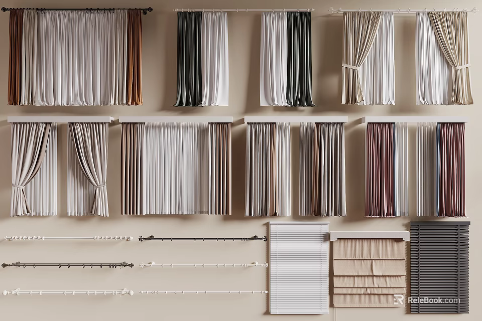Different Colored Curtains With Various Styles Curtain Rods And Blinds 3d model 