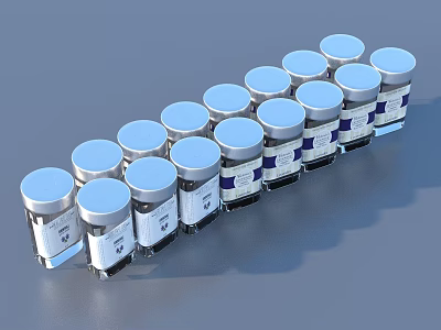 Small Vials With Silver Caps Neatly Arranged And Labels On Body 3d model