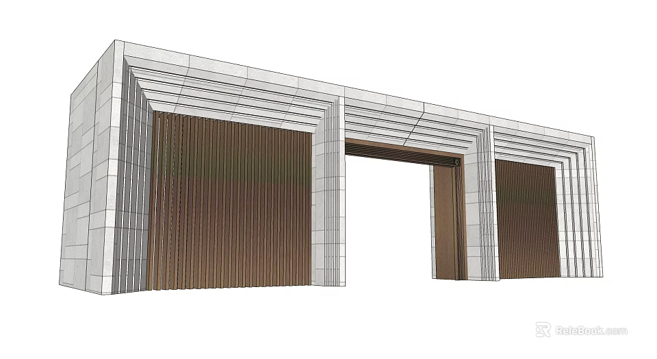 Modern Entrance Gate Design With Stone Walls And Decorative Metal Panels 3d model 