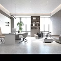 Modern Spacious Executive Office Interior With Elegant Furniture And Indoor Green Plants By Large Windows