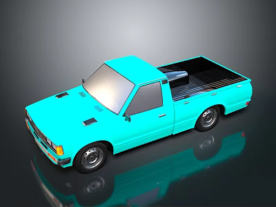 Light Blue 3D Rendered Pickup Truck With Open Bed Black Wheels And Reflective Dark Background 3d model