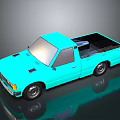 Light Blue 3D Rendered Pickup Truck With Open Bed Black Wheels And Reflective Dark Background