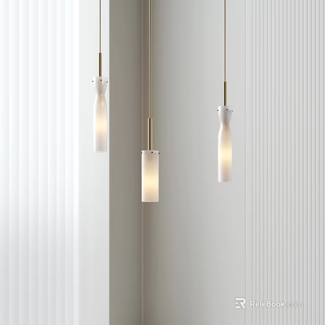 Stylish Three Pendant Lights White Shade Brass Pole On White Vertical Stripe Wall With Blinds 3d model 