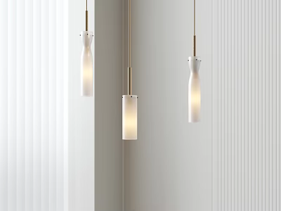 Stylish Three Pendant Lights White Shade Brass Pole On White Vertical Stripe Wall With Blinds 3d model