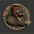 Helmeted Armored Man With Red Cape Riding Brown Bear On Ornate Base Statue