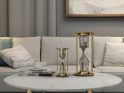 Modern Living Room Gold Framed Hourglass Decorations Set On Marble Coffee Table With Sofa 3d model