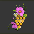 Pink Flower Plant With Green Leaves Bee And Hexagonal Honeycomb Design Structure