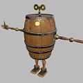 Wooden Barrel Robot Figure With Round Eyes Outstretched Arms And Brass Accents