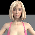 Woman wearing pink bikini standing with arms outstretched on gray floor against black background