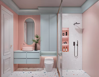 Soft Modern Bathroom Interior With Pink Walls Blue Vanity Round Mirror And Shower Area 3d model