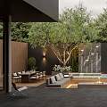 Modern Garden Design With Waterfall Wall Trees Outdoor Seating And Fire Pit Area