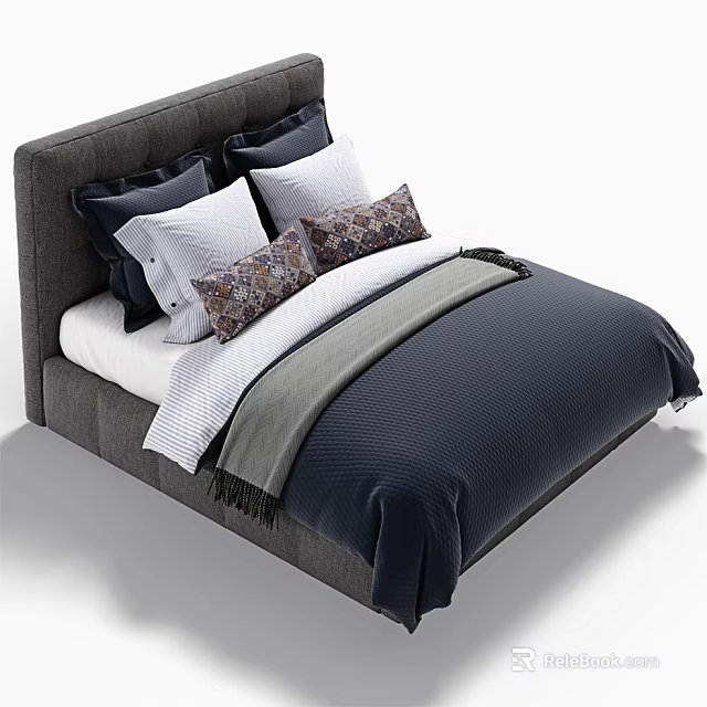 Modern Double Bed With Gray Headboard Navy White And Patterned Pillows Navy Quilt 3d model