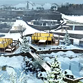 Snowy Garden Landscape With Yellow Buildings Pine Trees And Frozen Pond