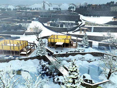 Snowy Garden Landscape With Yellow Buildings Pine Trees And Frozen Pond 3d model
