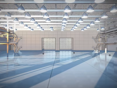 Industrial Factory Building With High Ceiling Metal Structure Industrial Pendant Lighting And Spacious Open Space 3d model
