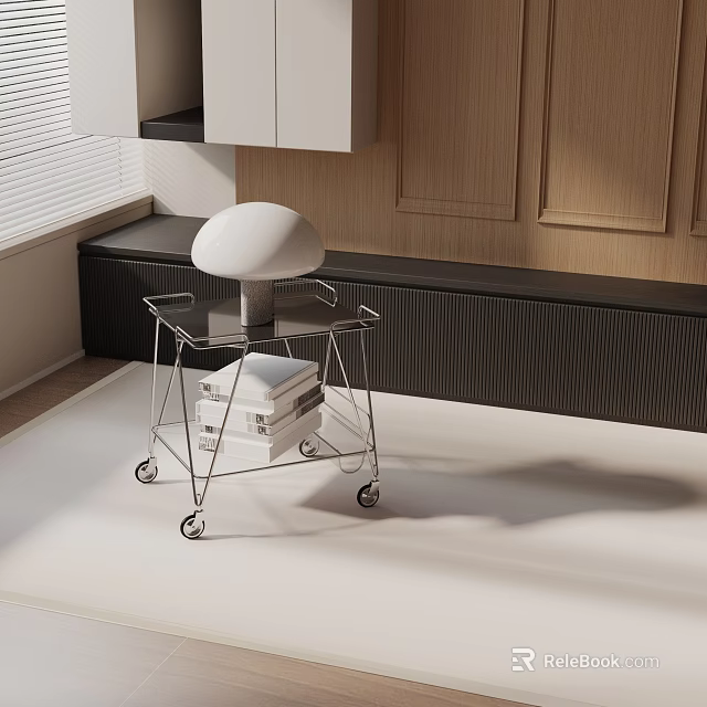 Modern Side Table With Stainless Steel Frame Wheels And White Spherical Lampshade In Living Room 3d model 