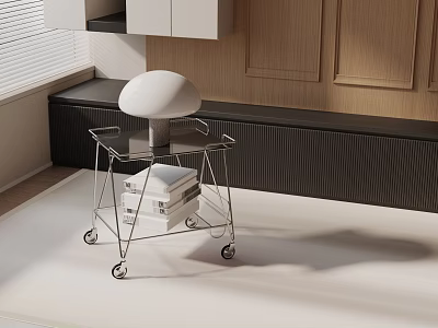 Modern Side Table With Stainless Steel Frame Wheels And White Spherical Lampshade In Living Room 3d model