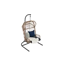 Stylish Rattan Hanging Chair With Blue Cushions And Gray Throw Blanket On Black Metal Stand