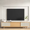 Modern Wooden TV Stand Featuring Rattan Doors Drawers Flat Screen TV And Decorative Plant