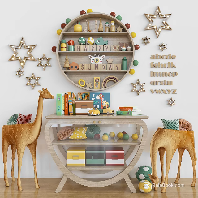 Colorful Decorative Cabinet With Giraffe Figurines Star Wall Decor Toy Display And Storage Drawers 3d model 