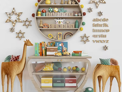 Colorful Decorative Cabinet With Giraffe Figurines Star Wall Decor Toy Display And Storage Drawers 3d model