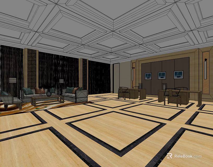 Elegant Storefront Reception Area With Wooden Floor And Decorative Ceiling Sofa And Tables 3d model 
