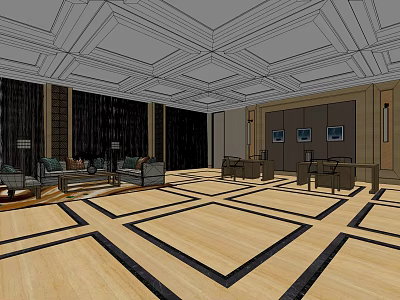 Elegant Storefront Reception Area With Wooden Floor And Decorative Ceiling Sofa And Tables 3d model