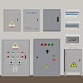 Different Sizes Electrical Control Panels With Warning Signs Switches And Indicators