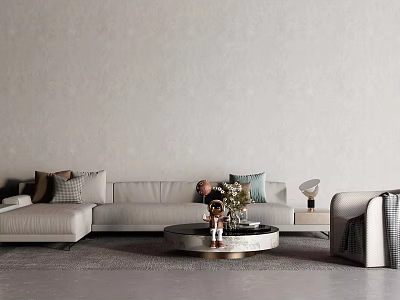 Modern Neutral Sofa Set With Throw Pillows And Round Coffee Table In Living Room Interior 3d model
