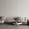 Modern Neutral Sofa Set With Throw Pillows And Round Coffee Table In Living Room Interior