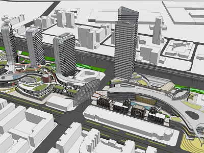 Urban Commercial Complex With High Rise Towers Connecting Walkways And Open Plazas 3d model