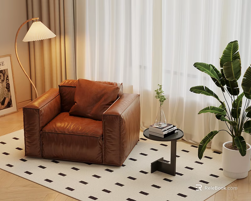 Cozy Brown Leather Armchair Interior with Side Table Floor Lamp and Green Plants 3d model 