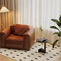 Cozy Brown Leather Armchair Interior with Side Table Floor Lamp and Green Plants