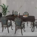 Classic Dining Table Set with Upholstered Chairs Floral Vase Fruit Bowl and Green Plants